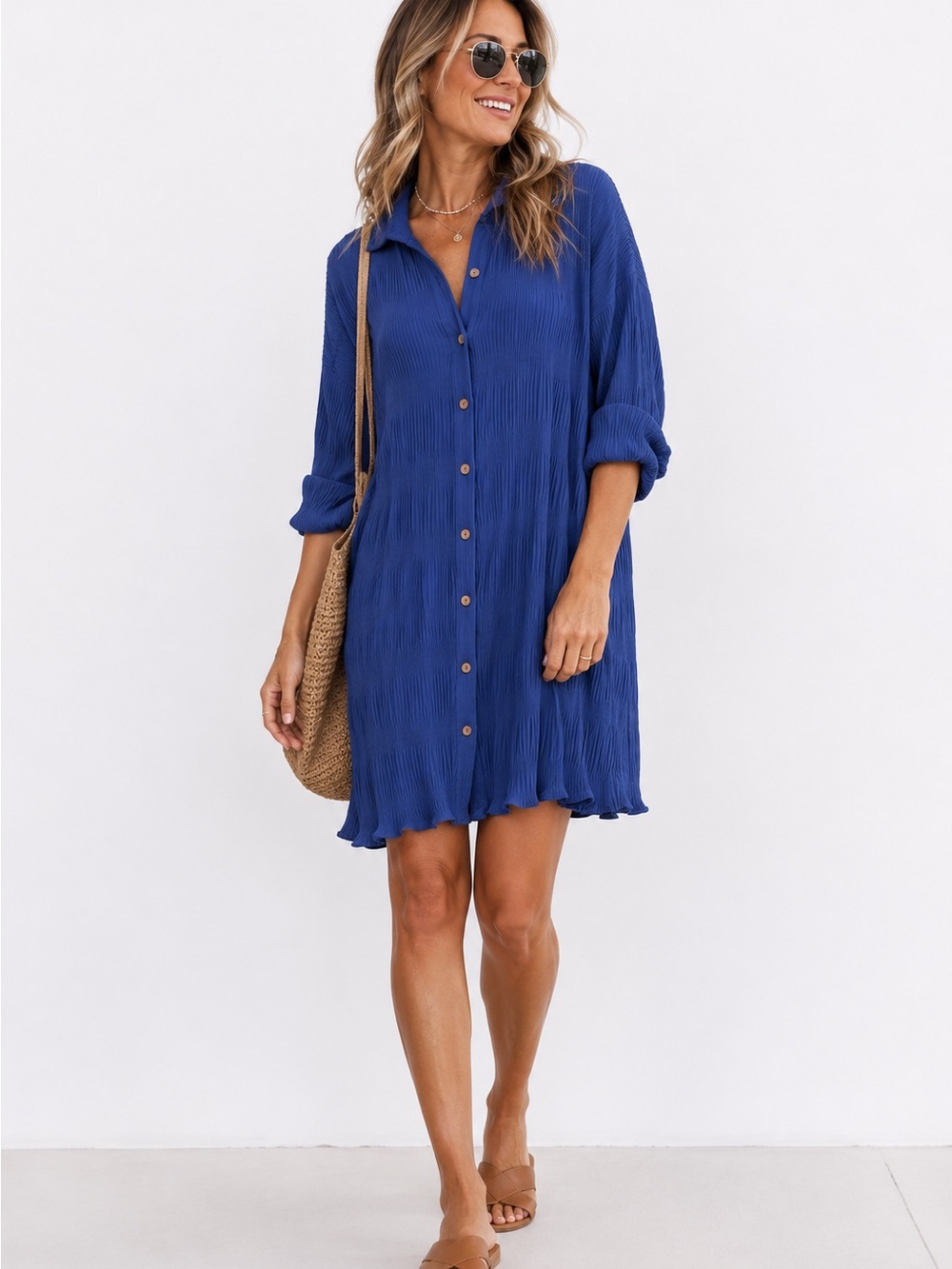Umgee Cobalt Blue Crinkle Textured Button Down Collared Shirt Dress NWT
